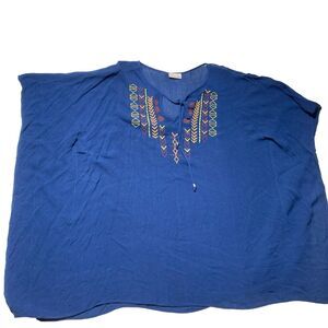 Canyon Sky Top Size 2XL Blue Pull Over Tie String Neck Sleeve Embroidery